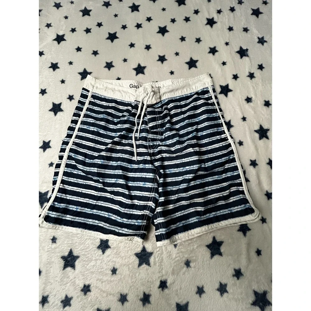 Gap Mens XL Blue White Striped Swim Trunks Board Shorts Drawstring Lined